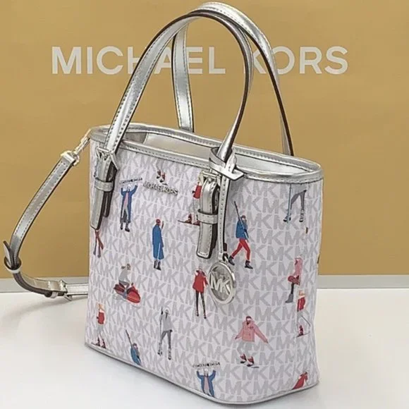 Michael Kors Jet Set Girls Print White Signature XS Carryall Top Zip Tote